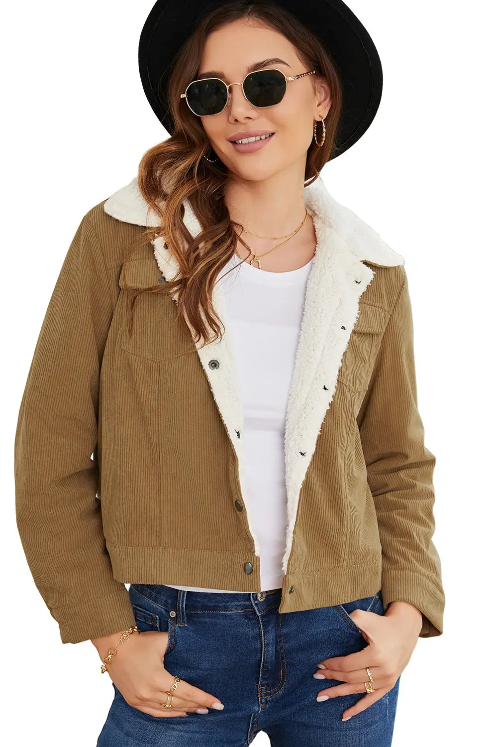 Khaki corduroy sherpa snap button flap jacket - jackets