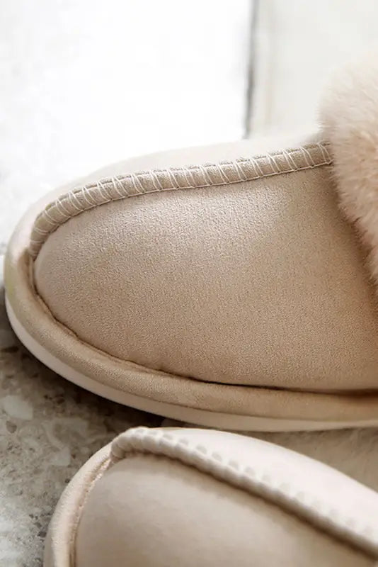 Khaki cut and sew faux suede plush lined slippers