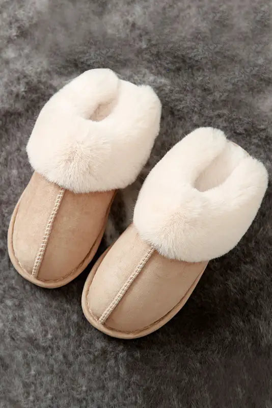 Khaki cut and sew faux suede plush lined slippers