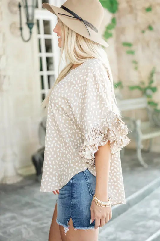 Khaki dolman ruffled sleeve loose blouse - tops