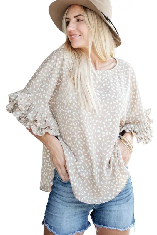 Khaki dolman ruffled sleeve loose blouse - tops