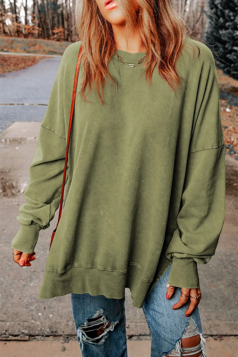 Khaki drop shoulder ribbed trim oversized sweatshirt - green / s / 75% polyester + 25% cotton - tops