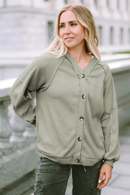 Khaki exposed seam buttons front waffle knit cardigan - green / s / 100% polyester - sweaters & cardigans