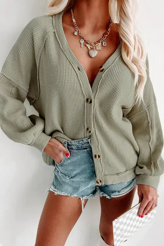 Khaki exposed seam buttons front waffle knit cardigan - sweaters & cardigans