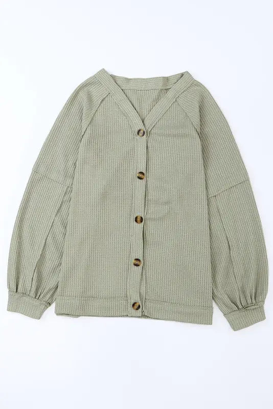 Khaki exposed seam buttons front waffle knit cardigan - sweaters & cardigans