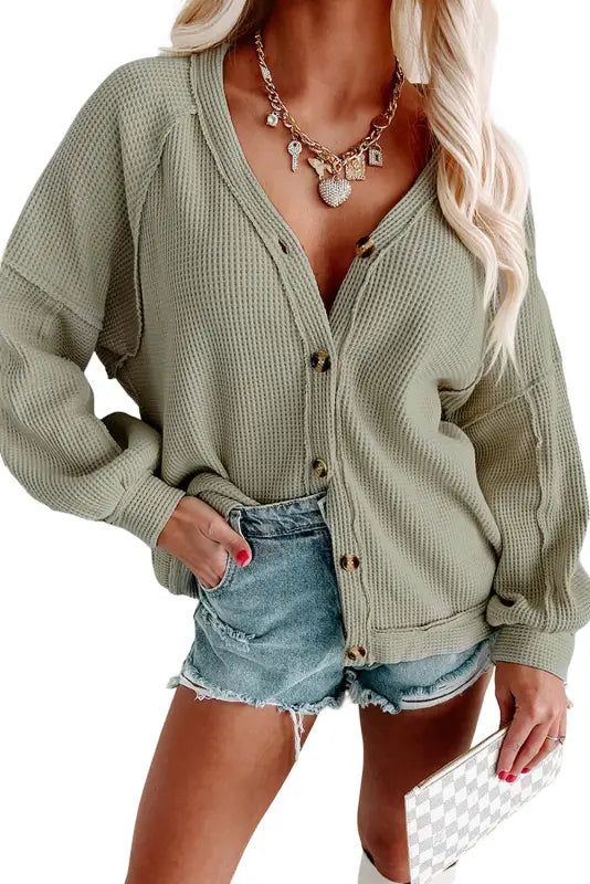 Khaki exposed seam buttons front waffle knit cardigan - sweaters & cardigans