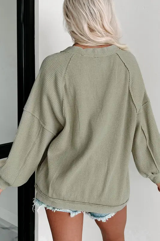 Khaki exposed seam buttons front waffle knit cardigan - sweaters & cardigans