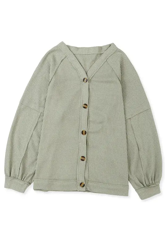 Khaki exposed seam buttons front waffle knit cardigan - sweaters & cardigans