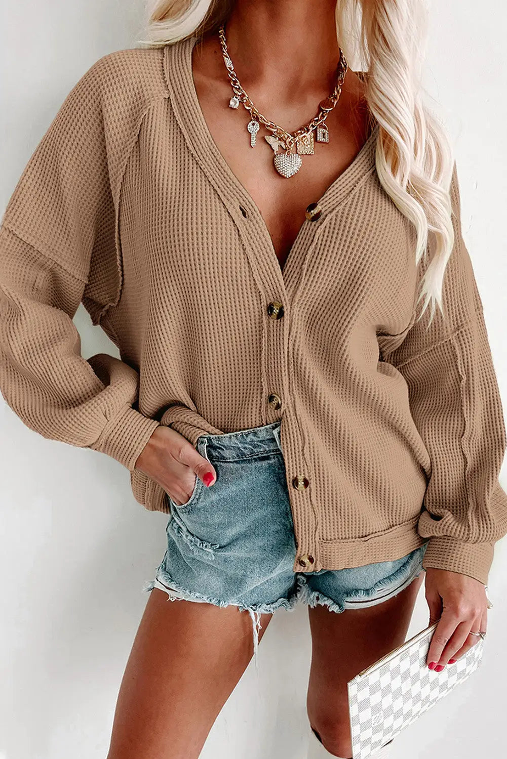 Khaki exposed seam buttons front waffle knit cardigan - s / 100% polyester - sweaters & cardigans