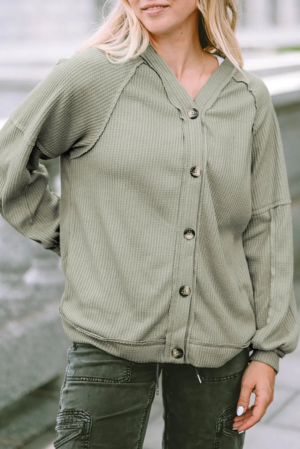 Khaki exposed seam buttons front waffle knit cardigan - sweaters & cardigans
