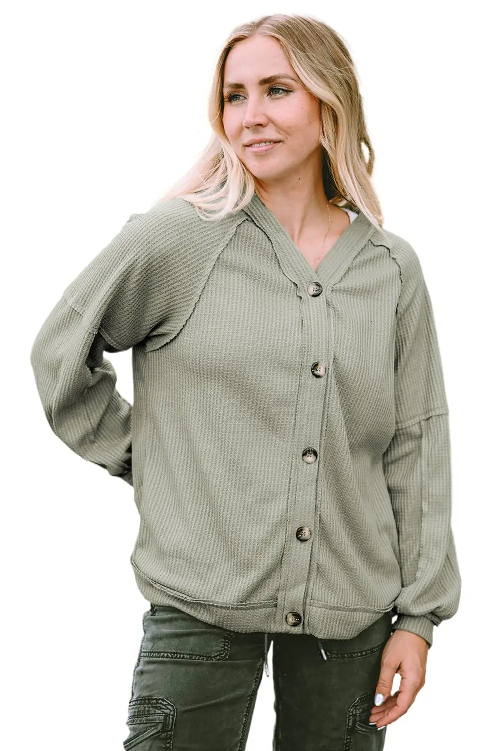 Khaki exposed seam buttons front waffle knit cardigan - sweaters & cardigans