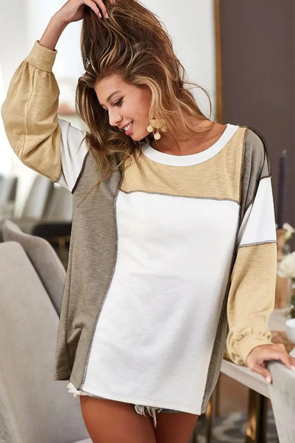 Khaki exposed seam color block patchwork top - long sleeve tops
