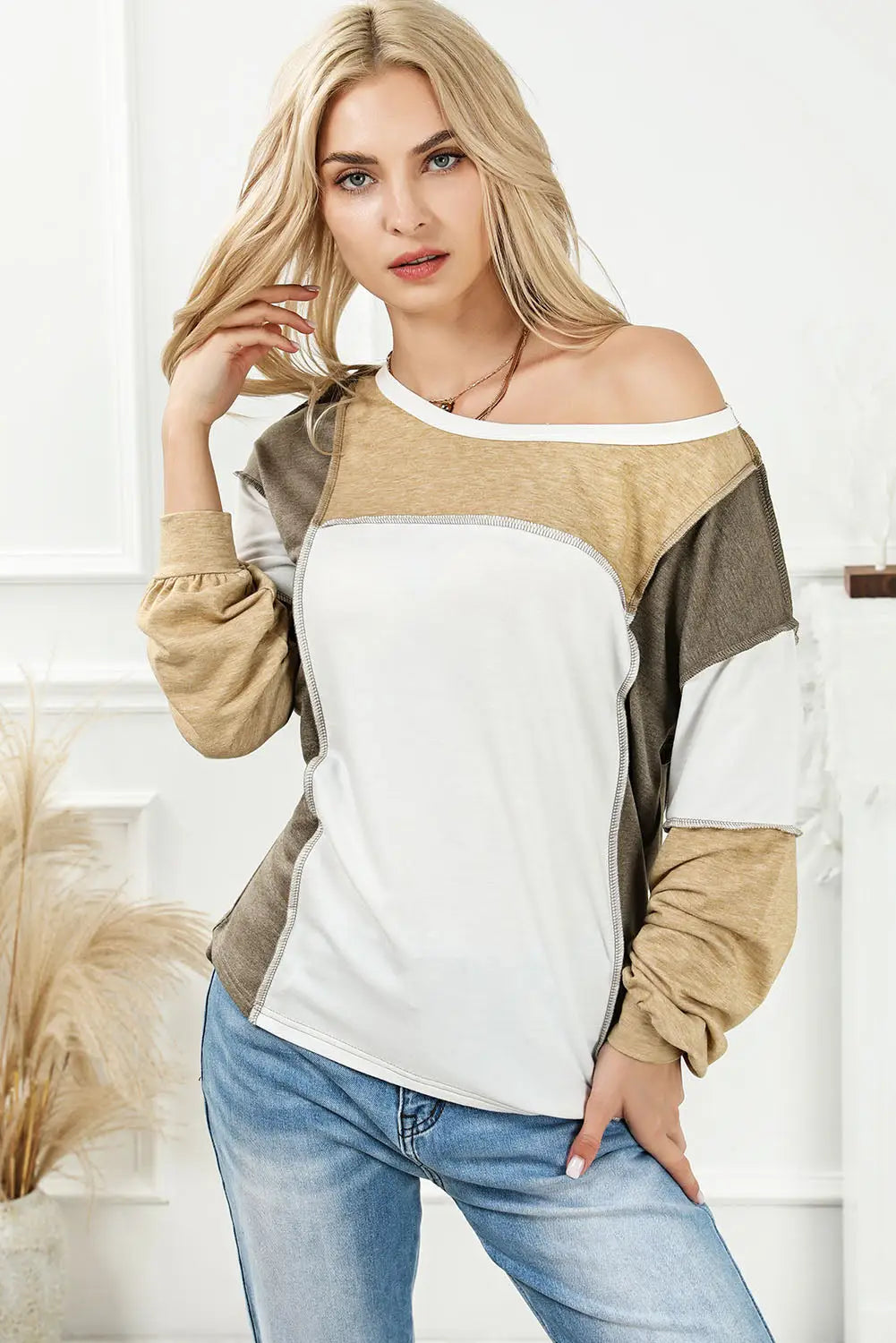 Khaki exposed seam color block patchwork top - long sleeve tops