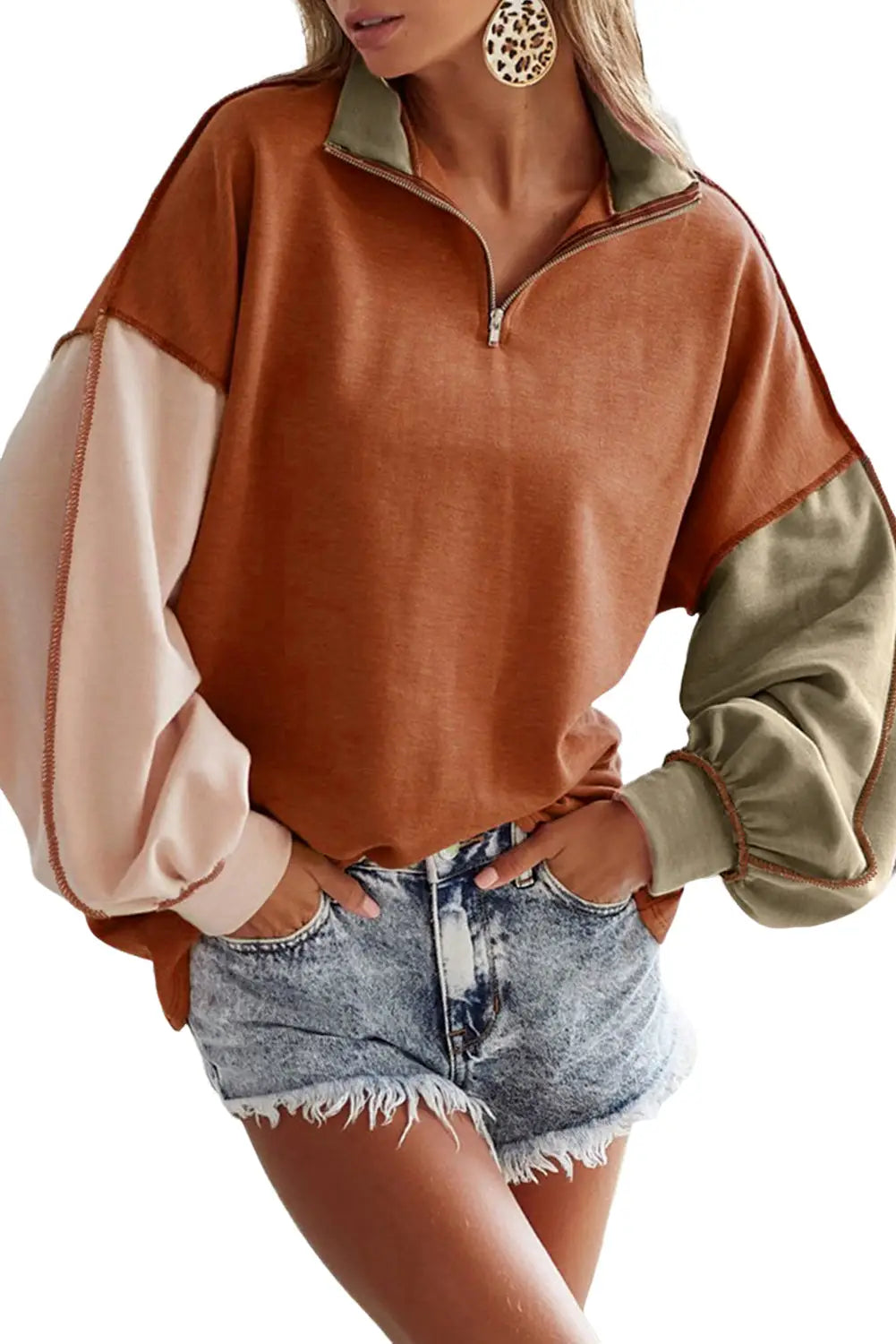 Khaki exposed seam color block zipped sweatshirt - tops
