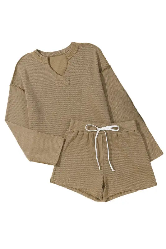 Khaki exposed seam textured long sleeve top shorts set - loungewear