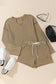 Khaki exposed seam textured long sleeve top shorts set - loungewear