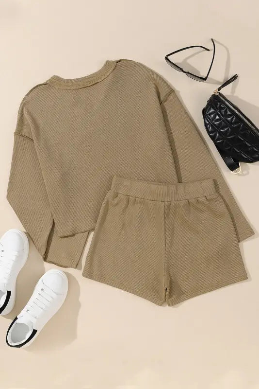 Khaki exposed seam textured long sleeve top shorts set - loungewear