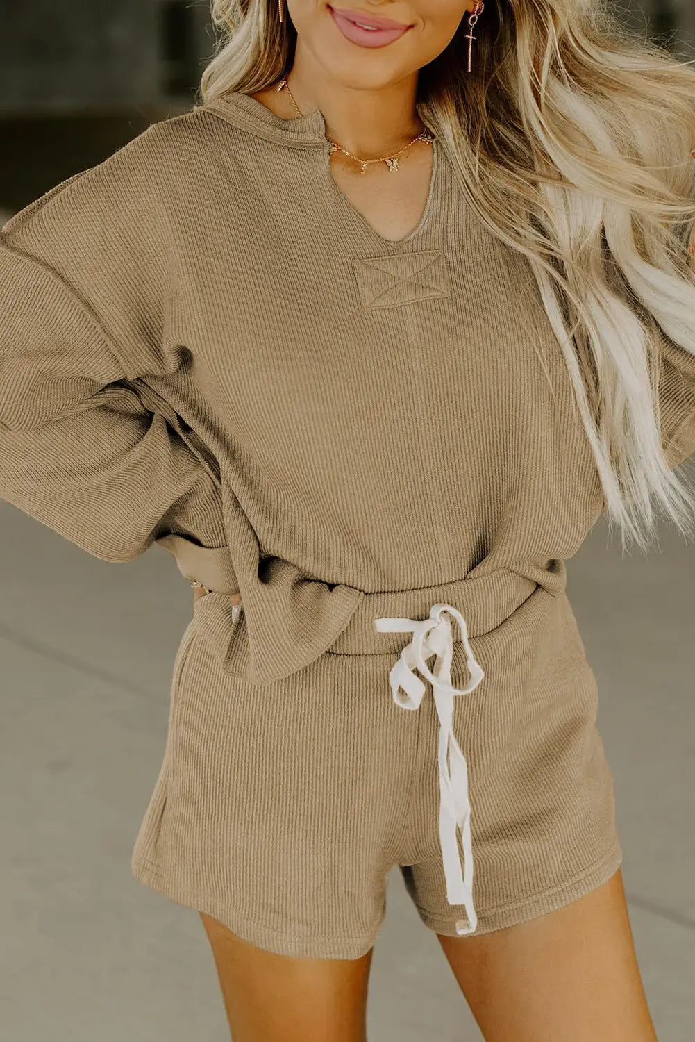 Khaki exposed seam textured long sleeve top shorts set - apricot khaki / s / 60% cotton + 35% polyester + 5% elastane