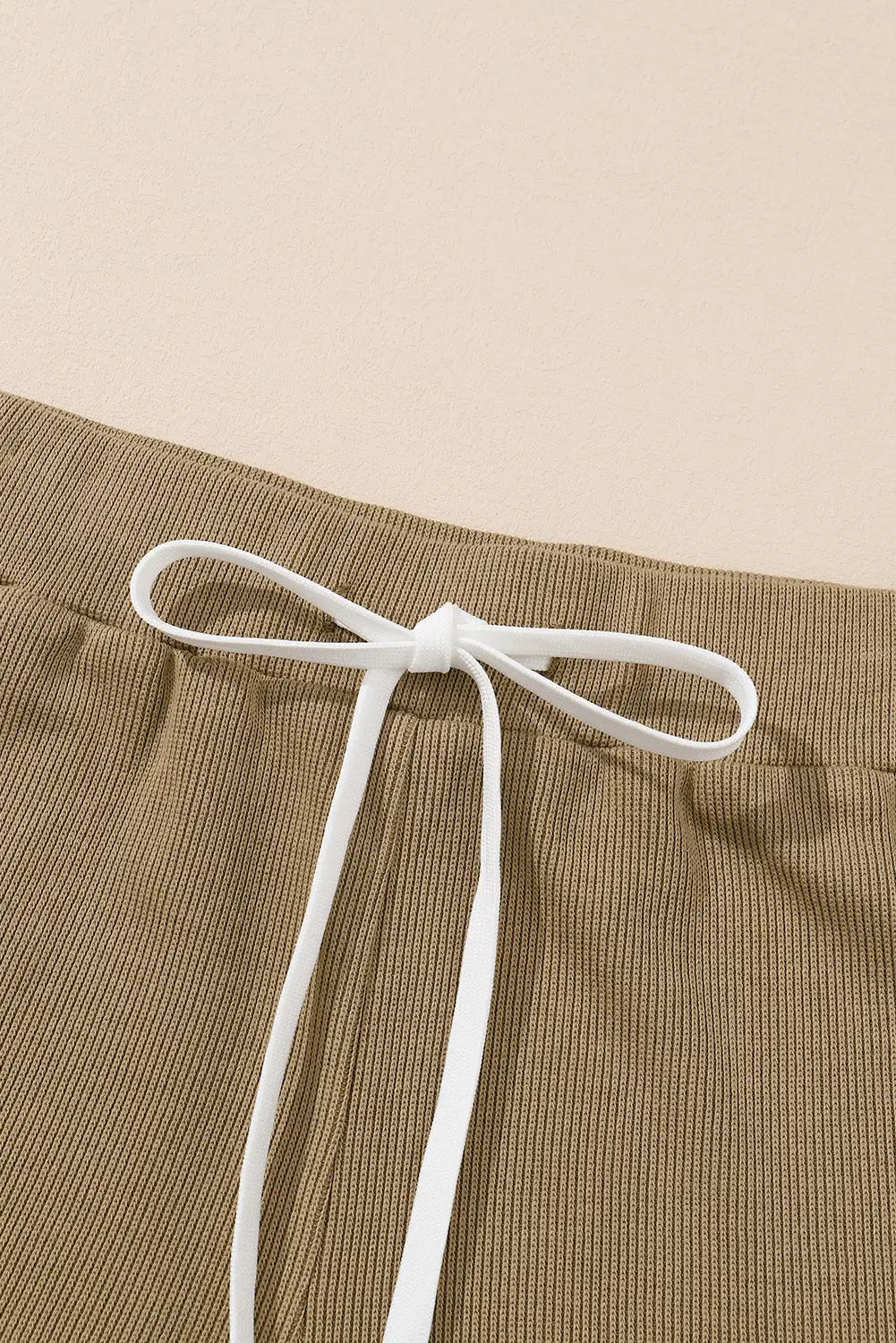 Khaki exposed seam textured long sleeve top shorts set - loungewear
