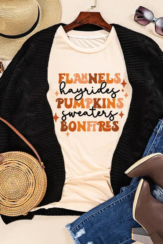 Khaki flannels hayrides pumpkins sweaters bonfires tee - graphic t-shirts