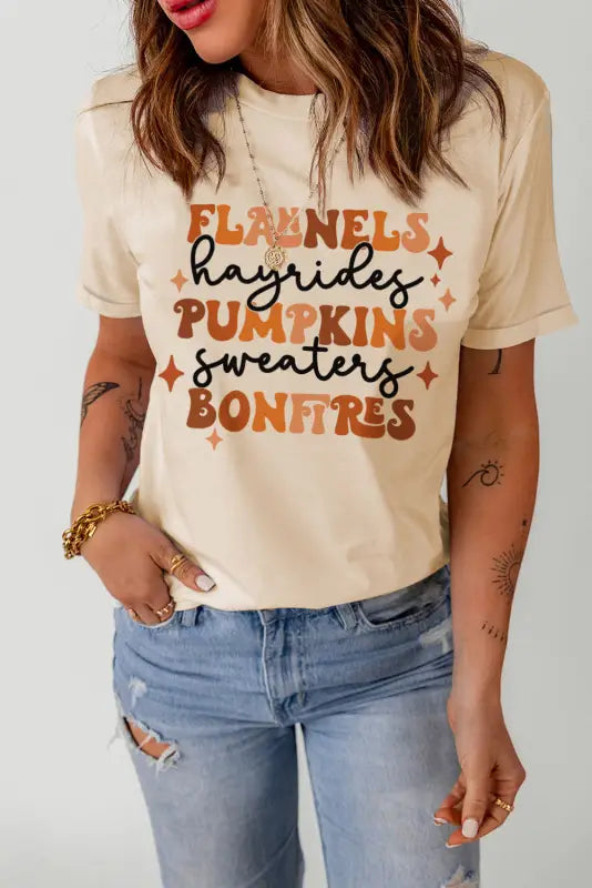 Khaki flannels hayrides pumpkins sweaters bonfires tee - graphic t-shirts