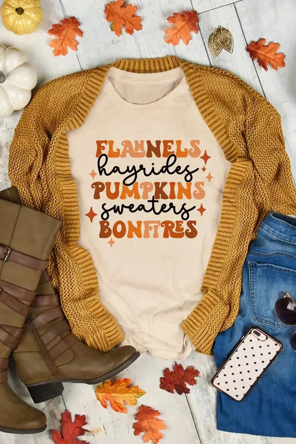 Khaki flannels hayrides pumpkins sweaters bonfires tee - s / 95% polyester + 5% elastane - graphic t-shirts