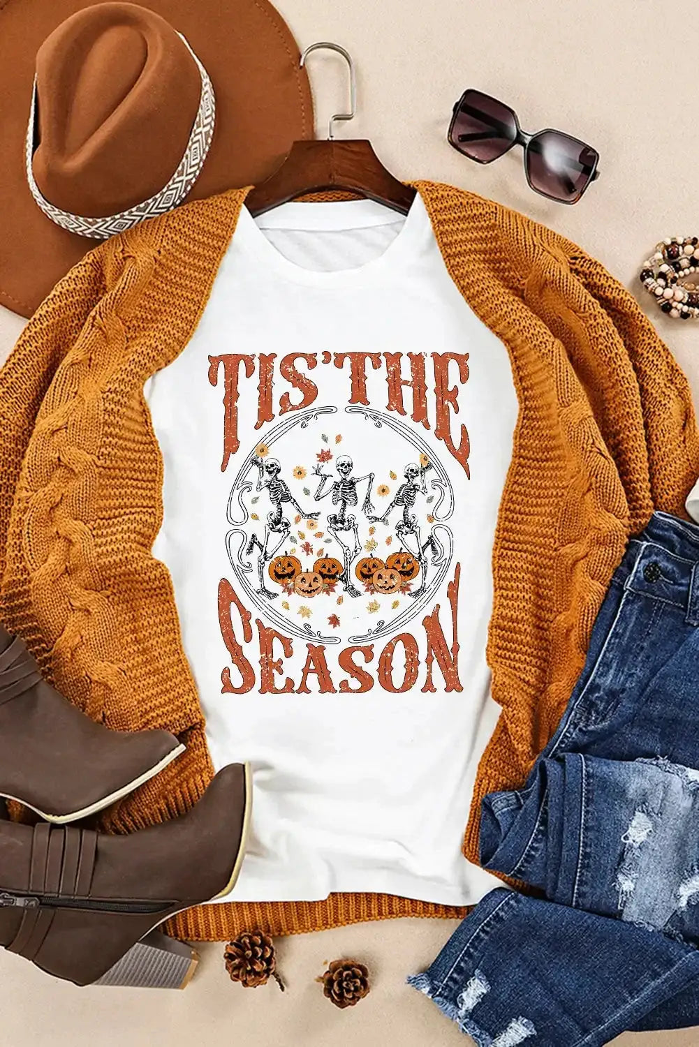 Khaki flannels hayrides pumpkins sweaters bonfires tee - white1 / s / 95% polyester + 5% elastane - graphic t-shirts