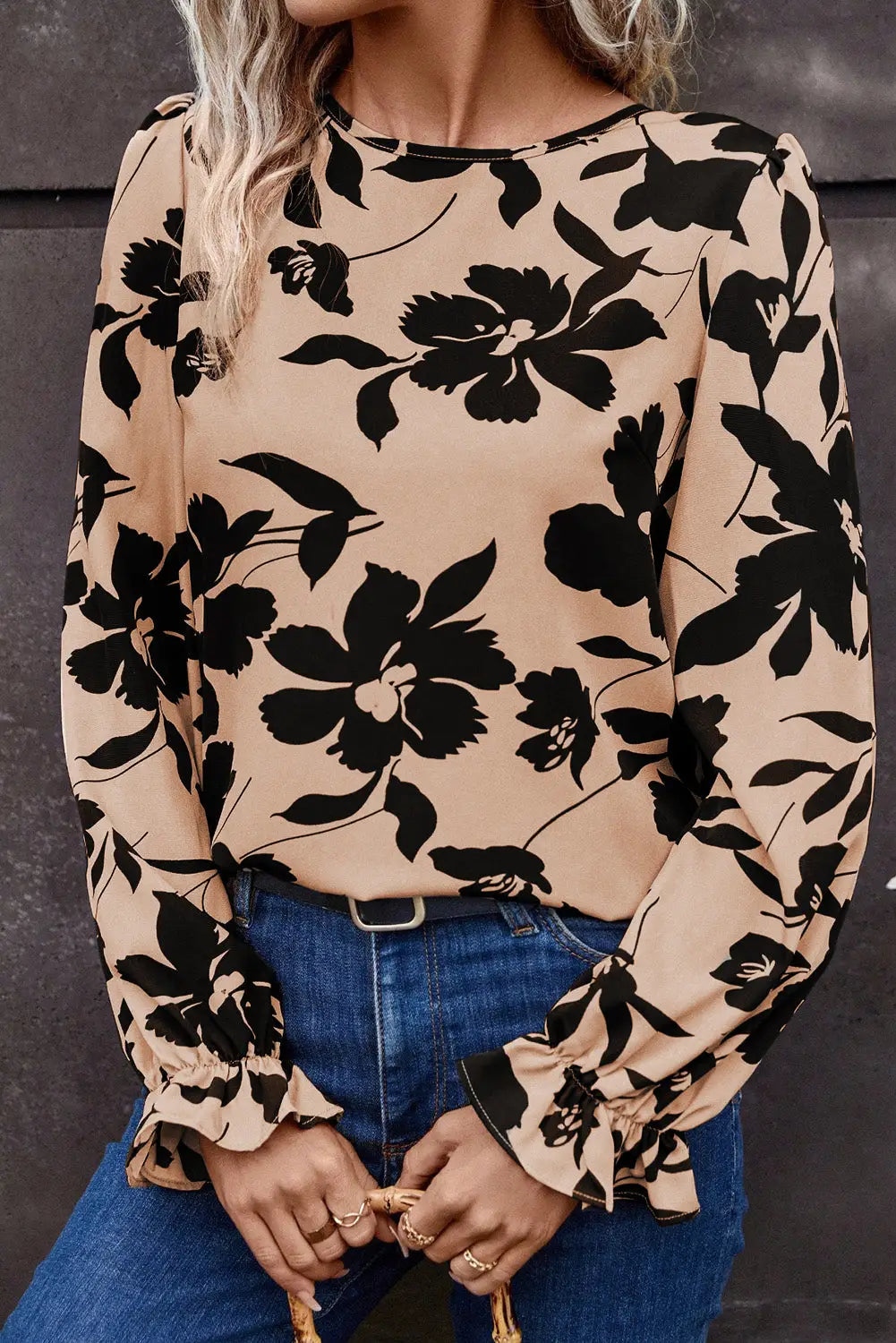 Khaki floral flounce sleeve hollowed knot back blouse - l / 100% polyester - blouses & shirts