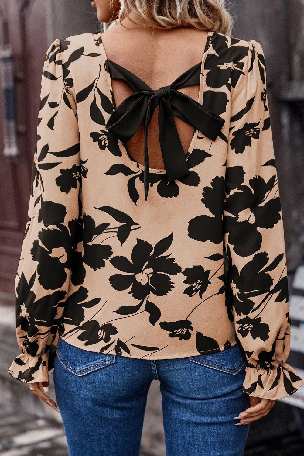 Khaki floral flounce sleeve hollowed knot back blouse - blouses & shirts