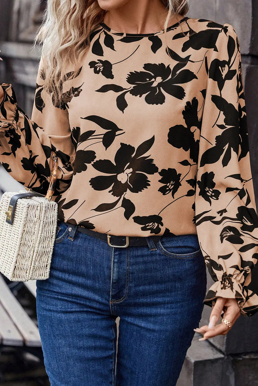 Khaki floral flounce sleeve hollowed knot back blouse - blouses & shirts