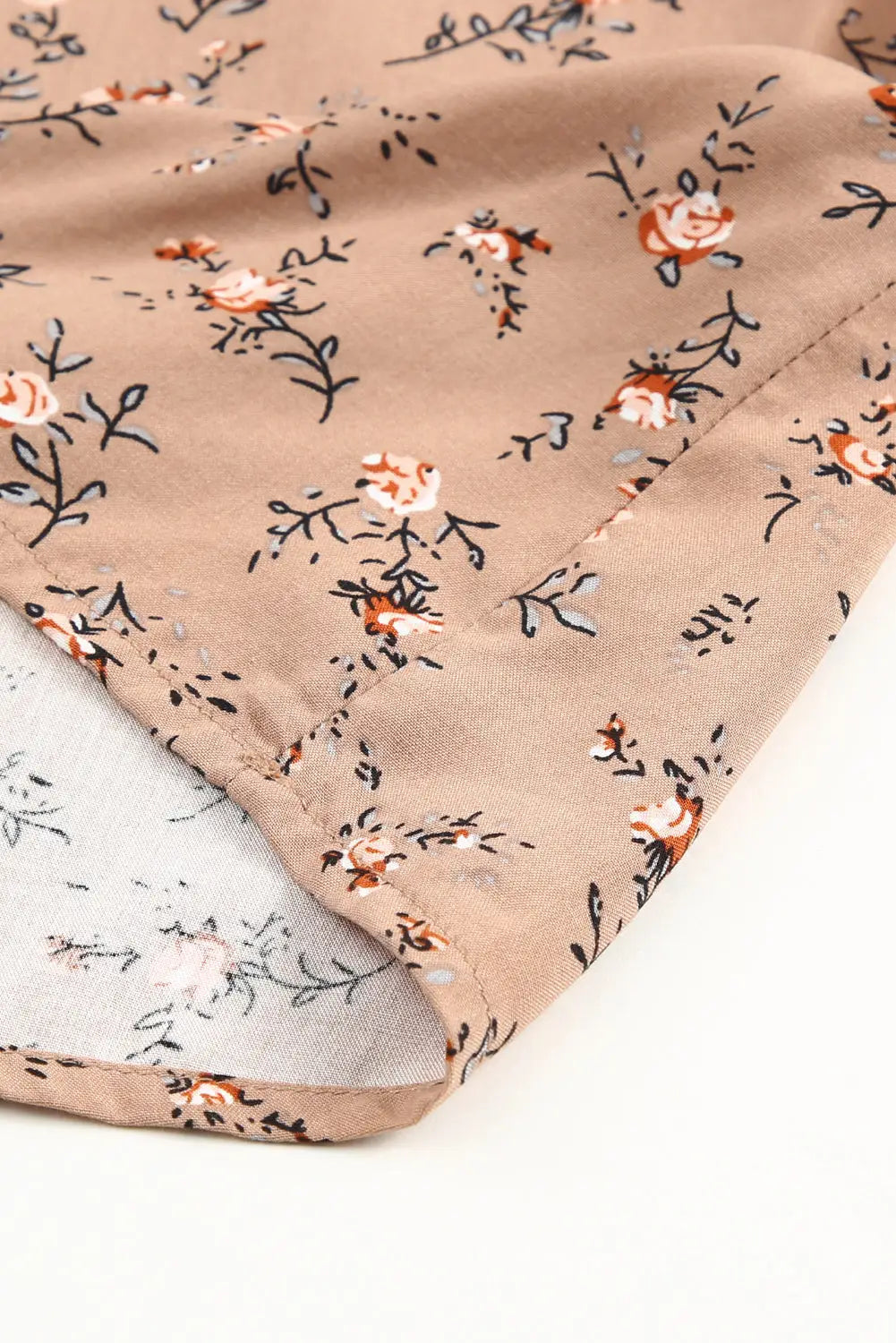 Khaki floral print smocked flounce sleeveless top - tank tops