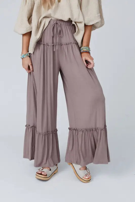 Khaki frilled drawstring high waist wide leg pants - s / 65% polyester + 30% viscose + 5% elastane - bottoms