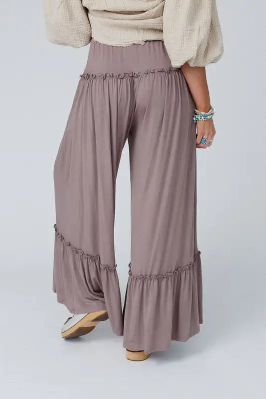 Khaki frilled drawstring high waist wide leg pants - bottoms