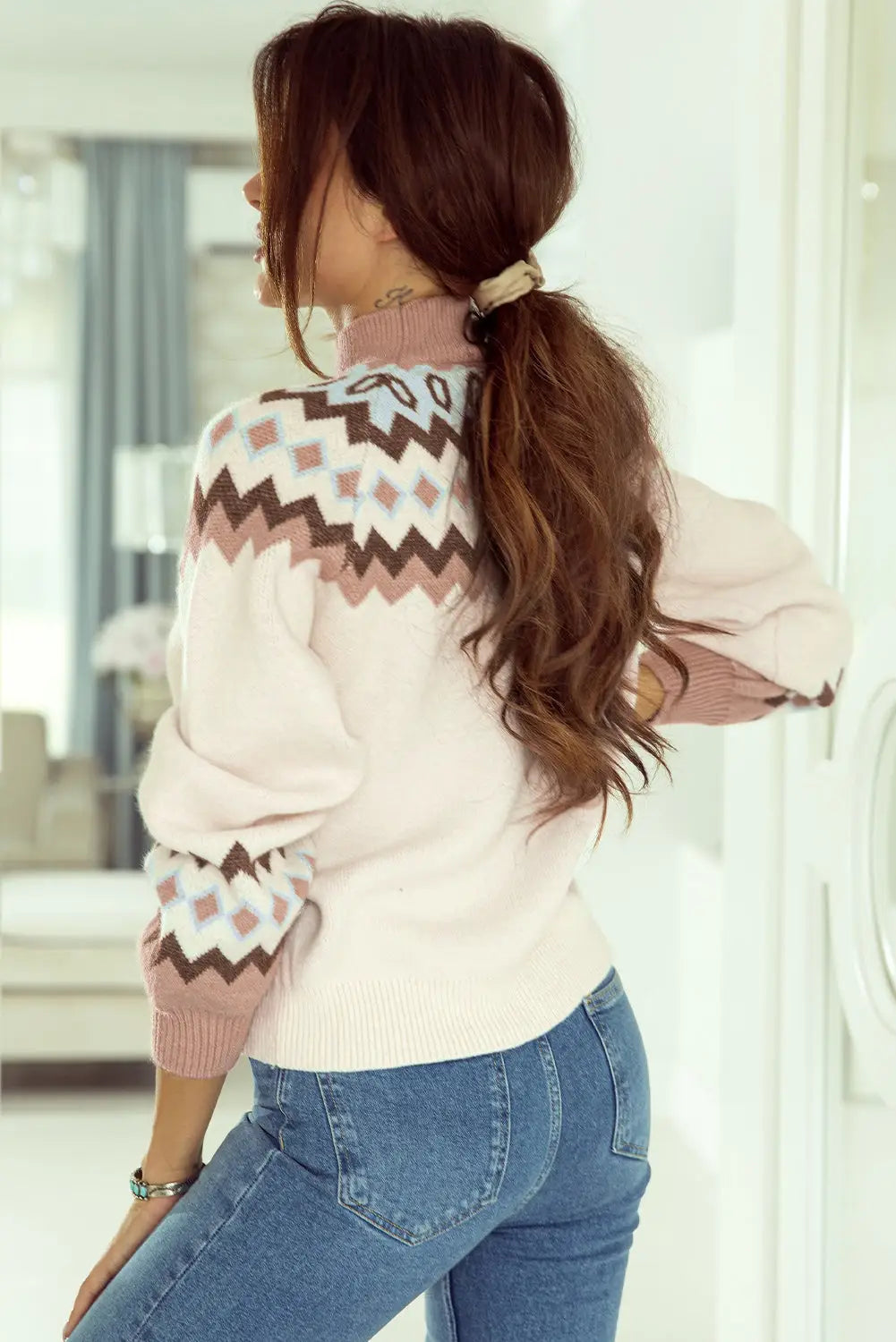 Khaki geometric pattern ribbed trim high neck sweater - & cardigans
