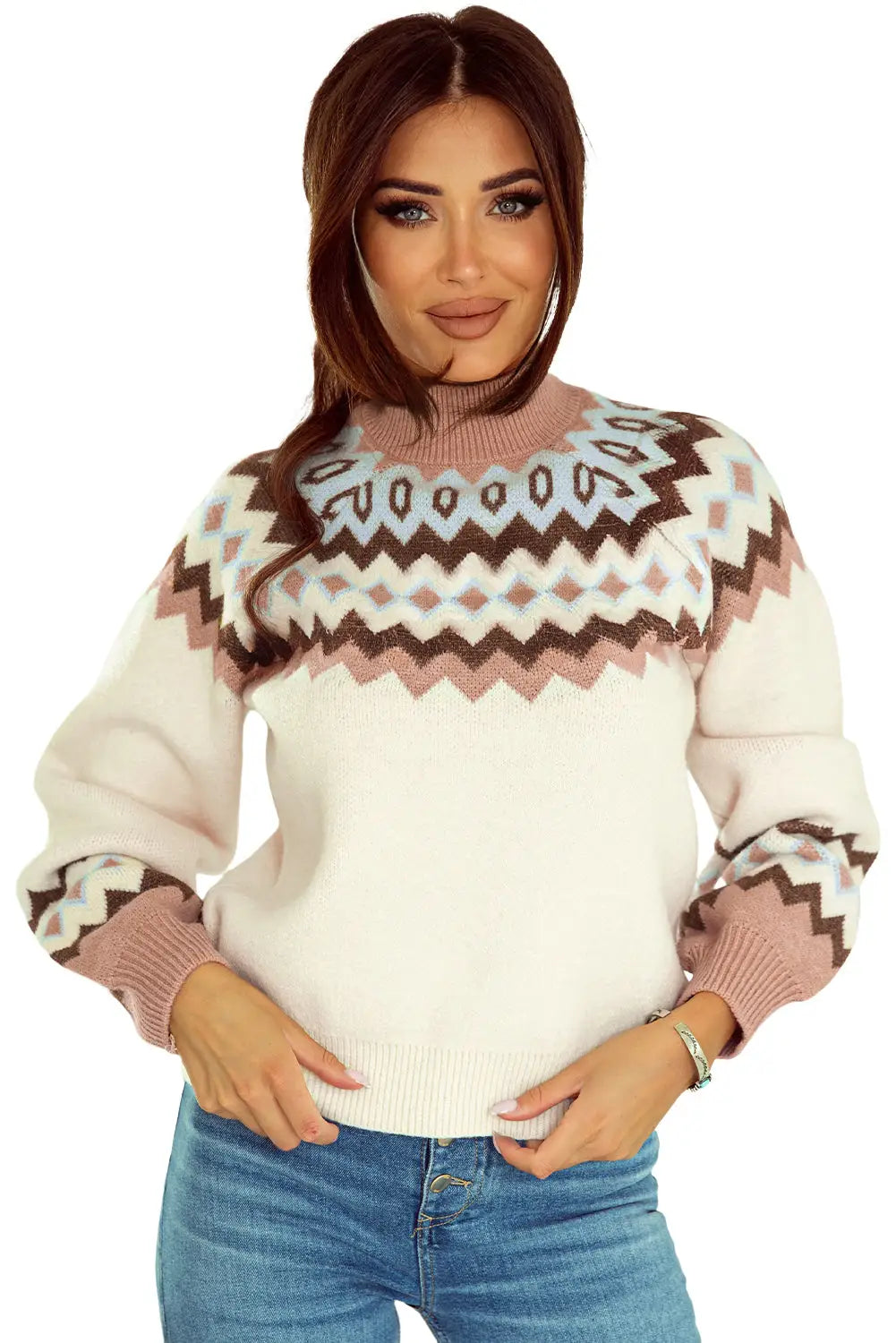 Khaki geometric pattern ribbed trim high neck sweater - & cardigans