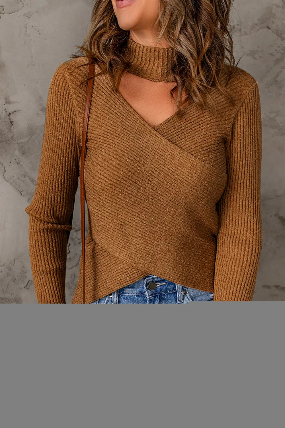 Khaki high neck hollow-out crossed wrap knit sweater - s / 100% polyester - sweaters & cardigans