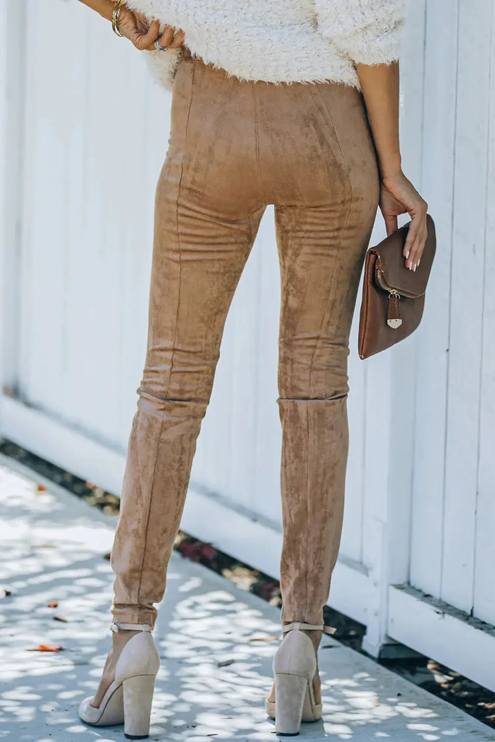 Khaki high waist faux suede skinny leggings - bottoms
