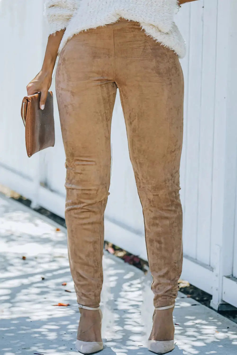 Khaki high waist faux suede skinny leggings - camel / 1x / 90% polyester + 10% elastane - bottoms