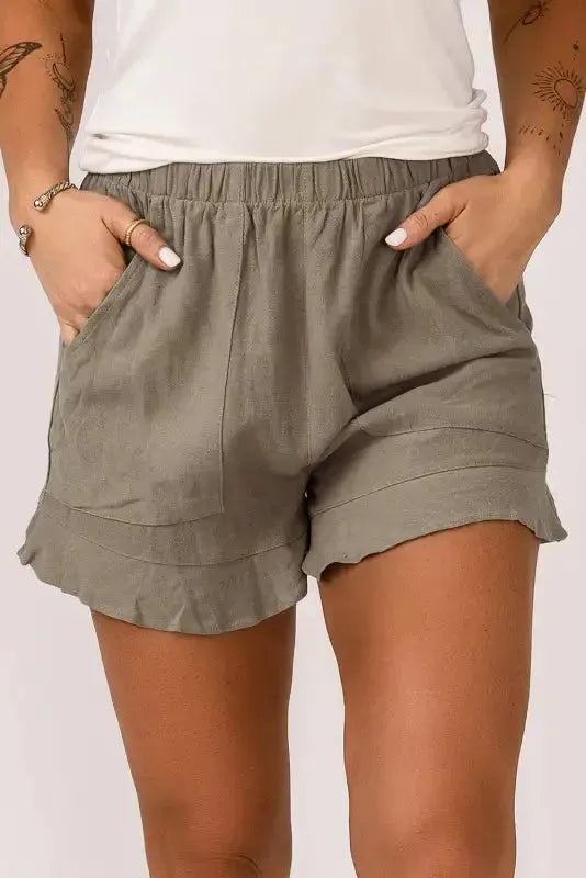 Khaki High Waist Pocketed Ruffle Shorts - Fashionfitz