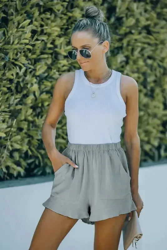 Khaki High Waist Pocketed Ruffle Shorts - Fashionfitz