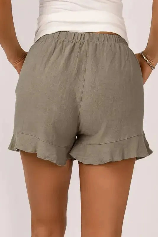 Khaki High Waist Pocketed Ruffle Shorts - Fashionfitz