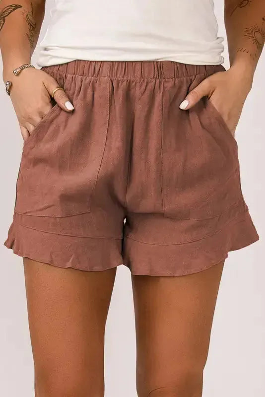Khaki High Waist Pocketed Ruffle Shorts - Fashionfitz