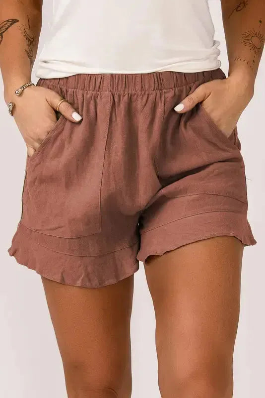 Khaki High Waist Pocketed Ruffle Shorts - Fashionfitz