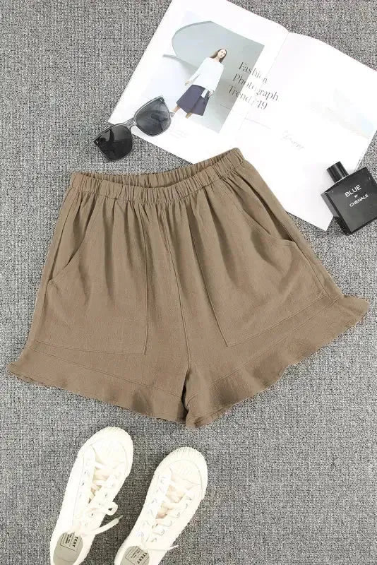 Khaki High Waist Pocketed Ruffle Shorts - Fashionfitz