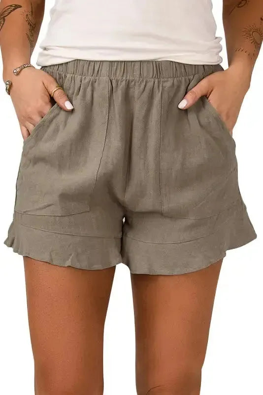 Khaki High Waist Pocketed Ruffle Shorts - Fashionfitz