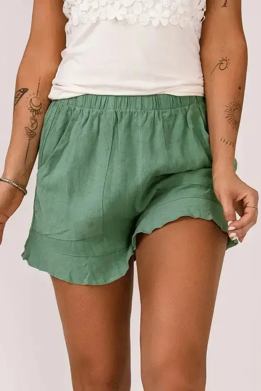 Khaki High Waist Pocketed Ruffle Shorts - Fashionfitz