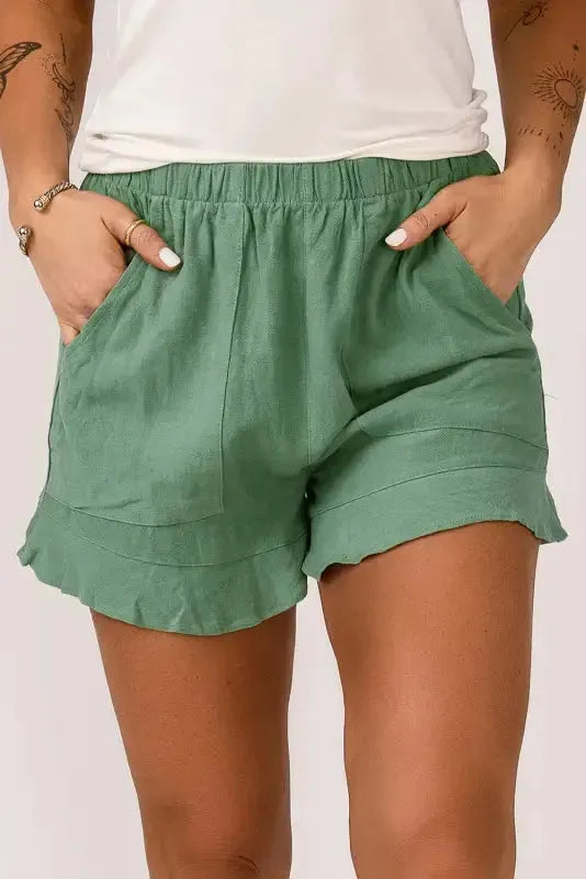 Khaki High Waist Pocketed Ruffle Shorts - Fashionfitz