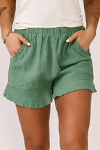 Khaki High Waist Pocketed Ruffle Shorts - Fashionfitz
