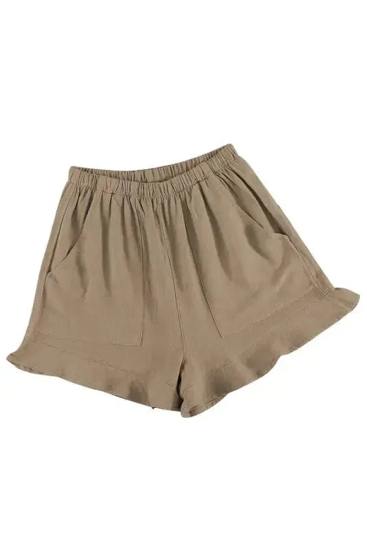Khaki High Waist Pocketed Ruffle Shorts - Fashionfitz