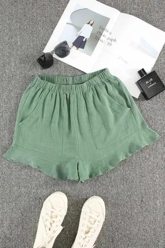 Khaki High Waist Pocketed Ruffle Shorts - Fashionfitz